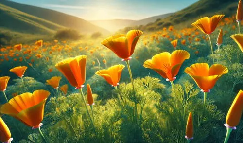 Esta clase de amapola, también conocida como campanilla o dedal de oro, crece en California y Baja California. Foto: Dall-E Amapola de California