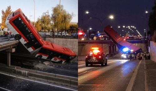 Bus RED cae desde puente a la Autopista Central tras chocar con auto particular en Chile: hay 11 heridos