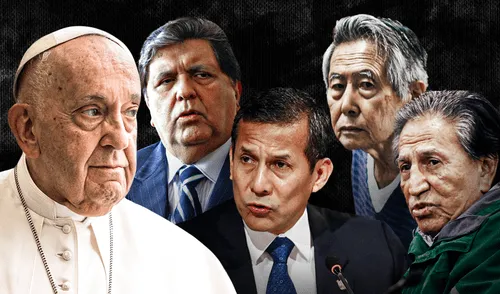 Papa Francisco criticó duramente la situación judicial de los expresidentes en el Perú. Foto: Composición/LR Papa Francisco, Alan García, Ollanta Humala, Alejandro Toledo