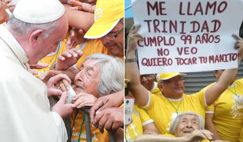 El papa Francisco detuvo su papamóvil para bendecir, hablar y regalarle un rosario a una anciana de 99 años en Trujillo. Foto: composición LR/Andina/difusión papa Francisco en Perú
