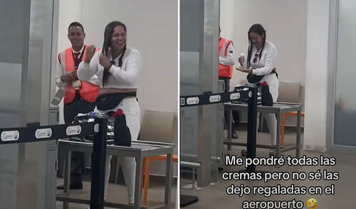 La escena fue grabada por su amiga y sorprendió a todos en el aeropuerto. Foto: composición LR/ TikTok Pasajera prefirió echarse todas sus cremas porque no le permitieron transportarlas en vuelo