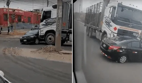 Camión arrastra a taxi por tres cuadras en el distrito La Esperanza. Foto: Sol TV.
