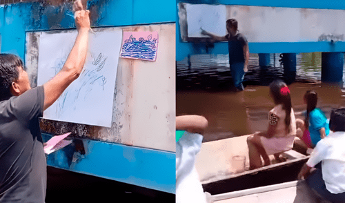 Profesor de Loreto dicta clases con los pies en el agua. Foto: difusión