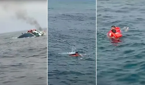 La Capitanía de Puerto de Huacho rescató a los tripulantes de la embarcación pesquera que se hundió en altamar, en Huacho. Foto: composición LR/TV Perú Embarcación pesquera se hunde