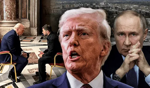 Tras asistir al funeral del papa Francisco en el Vaticano, Trump utilizó su cuenta de Truth Social para lanzar una advertencia directa a Moscú. Foto: Composición LR/AFP. Trump acusa a Rusia de atacar "sin motivo" a Ucrania y amenaza con sancionarlo: "No quiere detener la guerra"