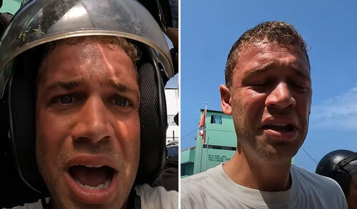 La sorpresa de Colomina ante la resistencia de los agentes al gas lacrimógeno. Foto: Mario Colomina/ YouTube Influencer se infiltra el Grupo Terna de la Policía y terminó en shock tras exponerse a gas lacrimógeno: "Esto es bravo”