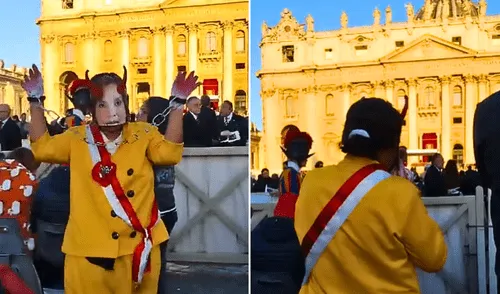 Activista con máscara de Dina Boluarte protesta en el Vaticano durante funeral del papa Francisco. | Fotos: Alonso Ramos / X. Activista representa a Dina Boluarte con traje amarillo y esposas en el Vaticano.