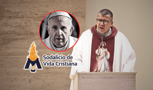 El cura Juan Rivva durante la misa en la Parroquia Nuestra Señora de la Reconciliación en Camacho, donde defendió al Sodalicio y criticó al papa Francisco. | Composición LR. Sacerdote Juan Rivva en misa defendiendo al Sodalicio y criticando la decisión del papa Francisco.