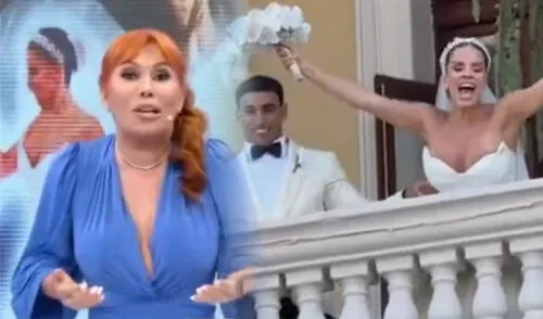 Magaly Medina reaccionó al eufórico grito de Alejandra Baigorria desde un balcón tras casarse por civil. Foto: Composición LR. Magaly Medina reaccionó al eufórico grito de Alejandra Baigorria desde un balcón tras casarse por civil.