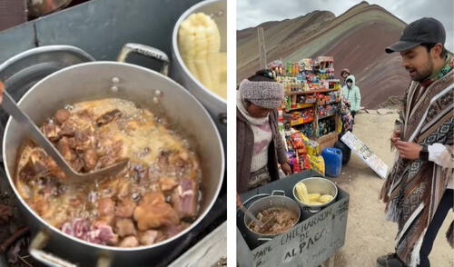 El tiktoker quedó impresionado al probar el chicharrón de alpaca en el Vinicunca o Montaña de 7 Colores. Foto: composición LR/ TikTok / @alexserrano.1 El tiktoker quedó impresionado al probar el chicharrón de alpaca en el Vinicunca o Montaña de 7 Colores.