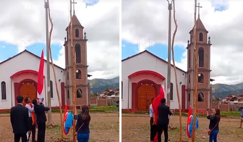 Las autoridades trataron de izar la bandera del Perú en un tronco de árbol, pero al elevarla la soga se rompió. Foto: composición LR/ TikTok/ @ntv_andahuaylas Las autoridades trataron de izar la bandera del Perú en un tronco de árbol, pero al elevarla la soga se rompió.