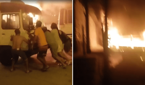 Extorsionadores prenden fuego a cúster en SJL. Foto: composición LR