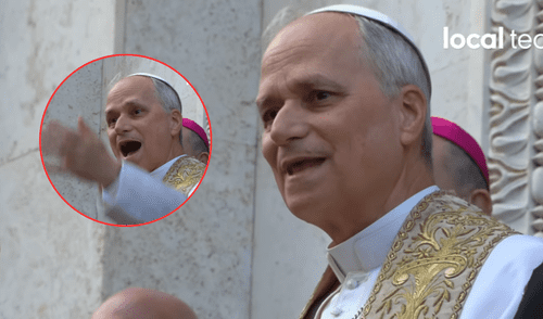 Papa León XIV sonríe y saluda conmovido al escuchar el saludo de un grupo de peruanos durante su visita al santuario en Genazzano.