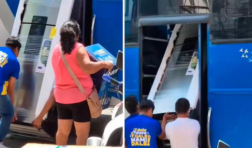 Dos jóvenes la ayudaron a subir la refrigeradora a la unidad. Muchos se preguntaron cómo lo bajaría del bus.