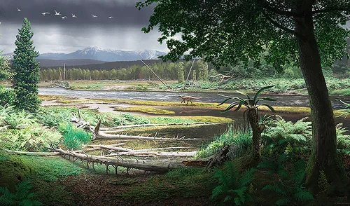 Reconstrucción de un paisaje de selva tropical y río templado-frío durante el Cretácico Inferior. Foto: Robert Nicholls/Alcheringa Reconstrucción de un paisaje de selva tropical y río templado-frío durante el Cretácico Inferior.