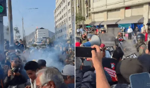 Policía lanza una bomba lacrimógena contra manifestantes en Cercado de Lima. Foto: composición LR Policía lanza una bomba lacrimógena contra manifestantes en Cercado de Lima. Foto: composición LR
