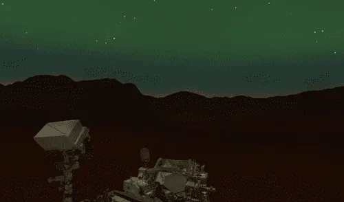 Una representación del rover Perseverance con una aurora verde suave sobre Marte.