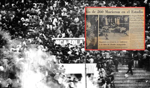 Los policías lanzaron bombas lacrimógenas a los hinchas para reprimir a los hinchas. Foto: Composición LR/ PUCP El gol anulado a Perú que desató una tragedia en el Estadio Nacional: hubo más de 300 muertos y más de 500 heridos