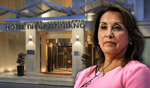 Dina Boluarte escribe sobre una hoja con el logotipo del hotel NH Collection durante una reunión virtual desde Roma.