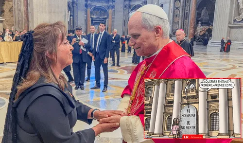 Carlincatura de hoy, domingo 18 de mayo. Foto: Composición/LR Carlincatura, Dina Boluarte, Vaticano, Papa León XIV