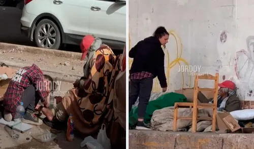 La extranjera se acercó a un adulto mayor para brindarle comida y curarle sus heridas. Foto: composición LR/ TikTok/ @jorddynoticias2 La extranjera se acercó a un adulto mayor para brindarle comida y curarle sus heridas.