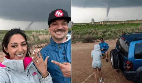 La propuesta frente al tornado fue captada por un amigo cazador de tormentas.