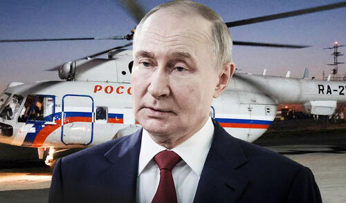 Un helicóptero vinculado al presidente ruso, Vladímir Putin, fue blanco de drones ucranianos durante su visita a Kursk. Foto: composición LR/AFP IA Helicóptero de Vladímir Putin habría sido atacado por masivo grupo de drones ucranianos en Kursk