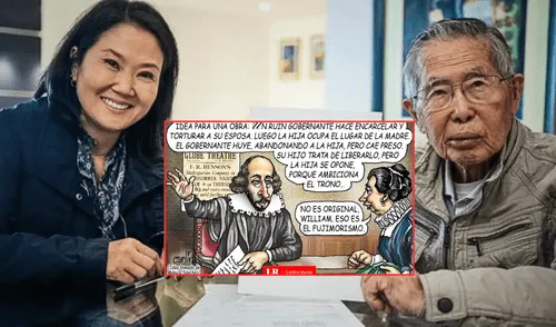 Carlincatura de hoy 28 de mayo ironiza sobre la historia del fujimorismo, señalando que supera el drama teatral de William Shakespeare. | Composición LR. William Shakespeare, Keiko Fujimori, Fuerza Popular