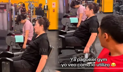 Un joven miraba atentamente a la señora que dormía sentada en la máquina del gimnasio en lugar de hacer ejercicios. Foto: composición LR/ TikTok / @renatogs29 Un joven miraba atentamente a la señora que dormía sentada en la máquina del gimnasio en lugar de hacer ejercicios.