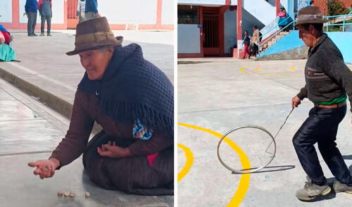Los adultos mayores demostraron sus habilidades para jugar actividades de antaño. Foto: composición LR/ TikTok/ @munitapuc Los adultos mayores demostraron sus habilidades para jugar actividades de antaño.