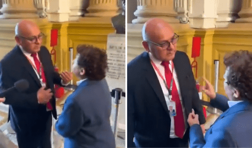 La congresista Susel Paredes intervino para defender a la activista trans Lesly Quispe, quien fue hostigada por un agente de seguridad del Congreso durante una conferencia de prensa por la Marcha del Orgullo 2025.| Foto: Feminas Perú. Susel Paredes defiende a activista trans Lesly Quispe durante incidente con personal de seguridad en el Congreso del Perú.