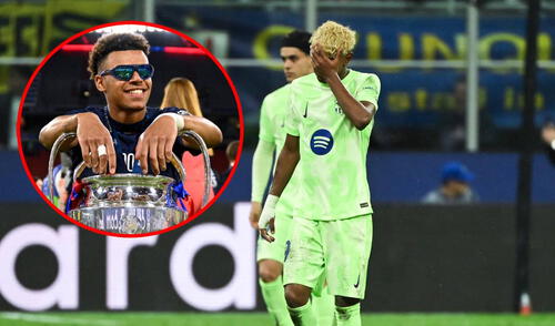 Desiré Doué le ganó a Lamine Yamal como mejor jugador joven de la UEFA Champions League. Foto: composición GLR/AFP Desiré Doué le ganó a Lamine Yamal como mejor jugador joven de la UEFA Champions League