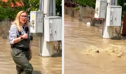 La reportera transmitía en vivo sobre los daños causados por las intensas lluvias cuando, inesperadamente, cayó en un hoyo y terminó hundida.