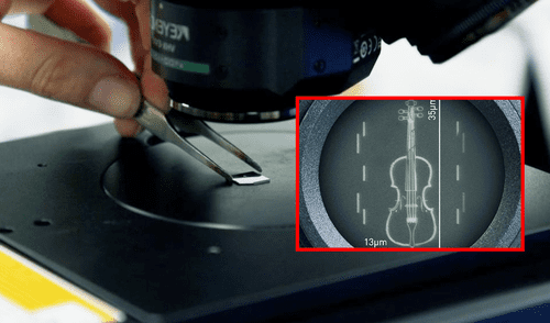 Su dimensión es de 35 micas de largo y 13 micas de ancho, aun más pequeño que un cabello humano. Foto: Composición LR/Universidad de Loughborough Universidad de Loughborough, nanolitografía