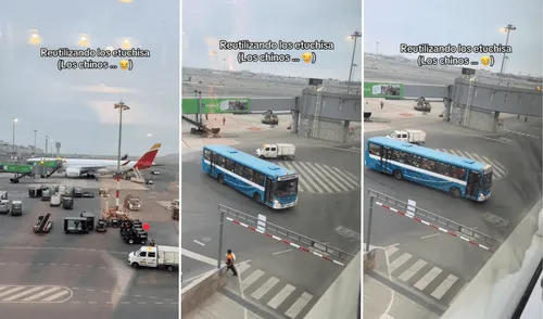 Un joven grabó la peculiar escena en la que un bus parecido a Los Chinos circulaba por las pistas de aterrizaje del aeropuerto Jorge Chávez. Foto: composición LR/TikTok/ nuevo Aeropuerto Jorge Chávez, aeropuerto Jorge Chávez, Los chinos buses