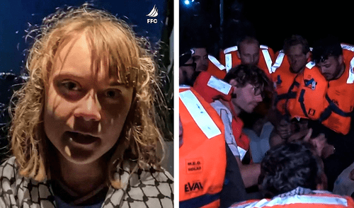 Tras la intervención, el velero de 15 metros de eslora y dos mástiles fue escoltado hasta el puerto israelí de Ashdod. Foto: Composición LR/AFP. Barco que intentó romper bloqueo en Gaza y en el que viajaba Greta Thunberg tocó puerto en Israel