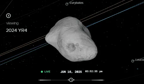 El telescopio James Webb ha refinado los cálculos sobre el 2024 YR4, revelando que su impacto en la Luna podría ser observable. Foto: Eyes On Asteroids El telescopio James Webb ha refinado los cálculos sobre el 2024 YR4, revelando que su impacto en la Luna podría ser observable.