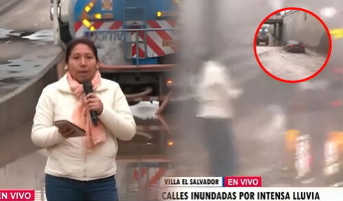 La reportera fue sorprendida por un chofer que pasó a toda velocidad y levantó el agua en pleno bypass. Foto: composición LR/ TikTok/ @eduardovargassotocaceres La reportera fue sorprendida por un chofer que pasó a toda velocidad y levantó el agua en pleno bypass.