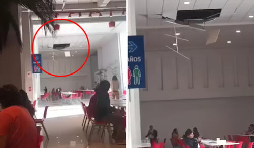 En el patio de comidas, paneles de drywall quedaron suspendidos entre cables sobre las mesas. Foto: Composición LR