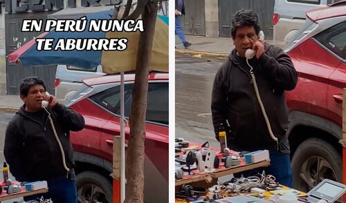 El hombre compró un auricular vintage y lo usaba como audífono para hablar tranquilamente en la calle.