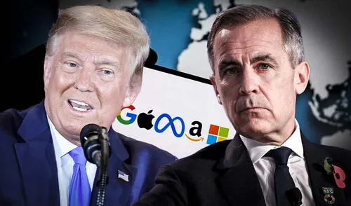 Mientras Trump asegura que tomará represalias contra Canadá, el primer ministro Mark Carney asegura que buscará un consenso. Foto: composición LR/AFP Trump rompe negociaciones comerciales con Canadá por impuesto digital a Estados Unidos: “Tenemos todas las cartas"