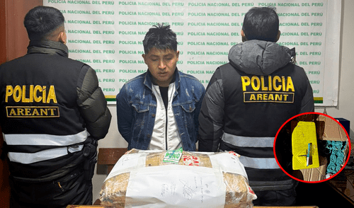La Policía encontró una caja de cartón con veinte paquetes rectangulares de cocaína. Foto: Composición La República /PNP La Policía encontró una caja de cartón con veinte paquetes rectangulares de cocaína. Foto: Composición La República /PNP
