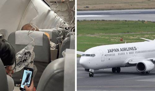 El vuelo JL8696 sobrevolaba Japón cuando se activó una alarma de presurización. Las máscaras de oxígeno cayeron y el avión se precipitó casi 7.000 metros. Foto: Composición LR/ @upuknews1 vuelo China-Japón, Japan Airlines