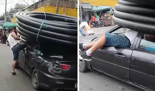 Video viral muestra al conductor ingresando por la ventana debido a la sobrecarga. Taxista peruano causa polémica en TikTok y Facebook por trasladar enorme manguera en su auto