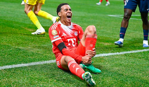 Jamal Musiala se lesionó al final del primer tiempo del Bayern Múnich vs PSG. Foto: Actu Foot Jamal Musiala se lesionó al final del primer tiempo del Bayern Múnich vs PSG. Foto: Actu Foot