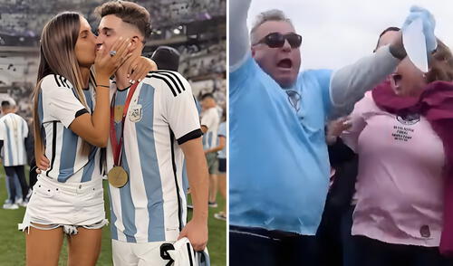 Julián y Emilia posando después de la coronación de la Argentina como campeón del mundo y los familiares festejando el sexo revelado del bebé.