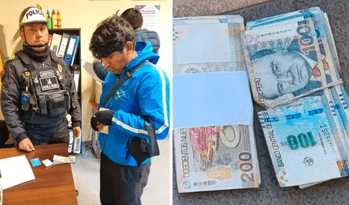 El hecho ocurrió frente a la agencia del banco Interbank. El efectivo fue alertado por transeúntes sobre la presencia de varios billetes dispersos en la vía pública. Foto: Composición LR /PNP