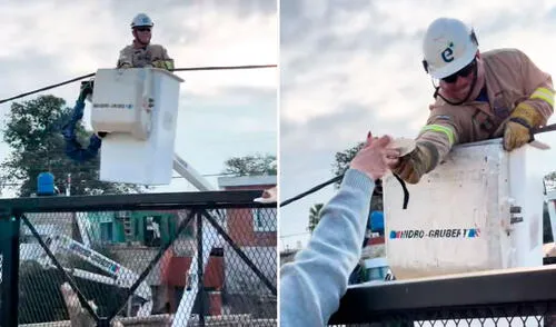La familia no dudó en entregarle un trozo de pastel al técnico electricista que reparaba cables de luz desde una grúa.