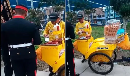 El heladero vestido con la clásica camiseta amarilla, dejó los helados para freír hot dogs en su triciclo.