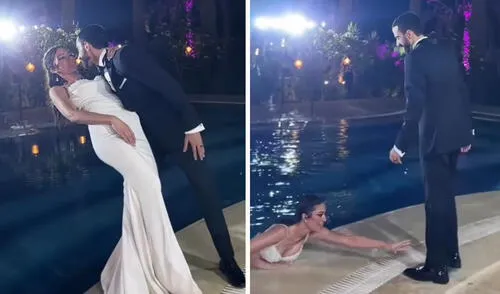 Novio deja caer a su esposa a la piscina en plena sesión de fotos de boda